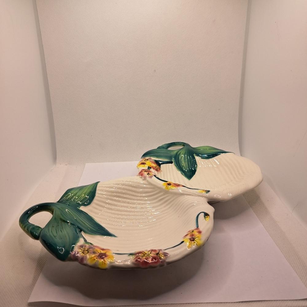 Italy Peasant Village Divided Ceramic Pottery Hand Painted Bowl Handle VTG.